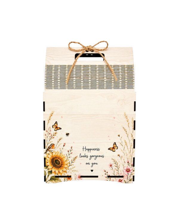 Wooden Gift Box Bag with Handle, Empty MDF Gift Box,  Happiness Floral Design