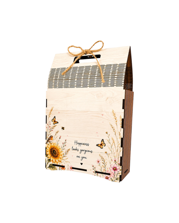 Wooden Gift Box Bag with Handle, Empty MDF Gift Box,  Happiness Floral Design