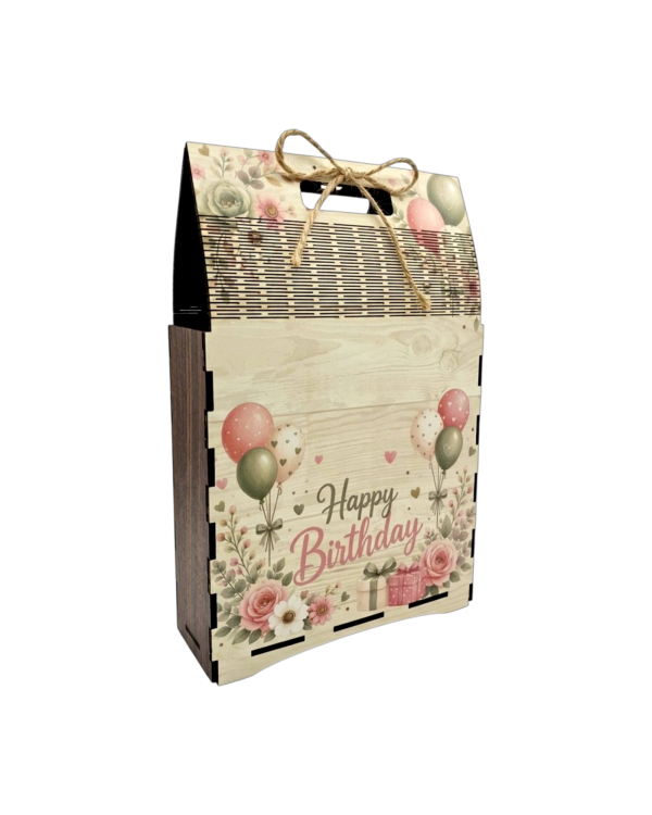 Wooden Gift Box Bag with Handle, Happy Birthday design
