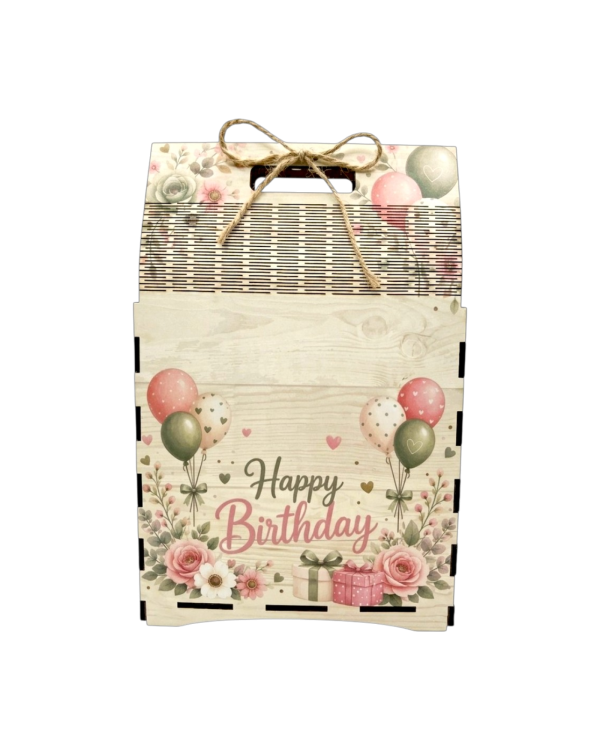 Wooden Gift Box Bag with Handle, Happy Birthday design