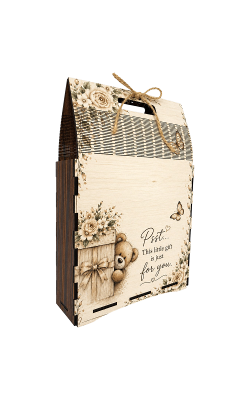 Wooden Gift Bag Box with Handle | Empty MDF Gift Box | Floral Teddy Design